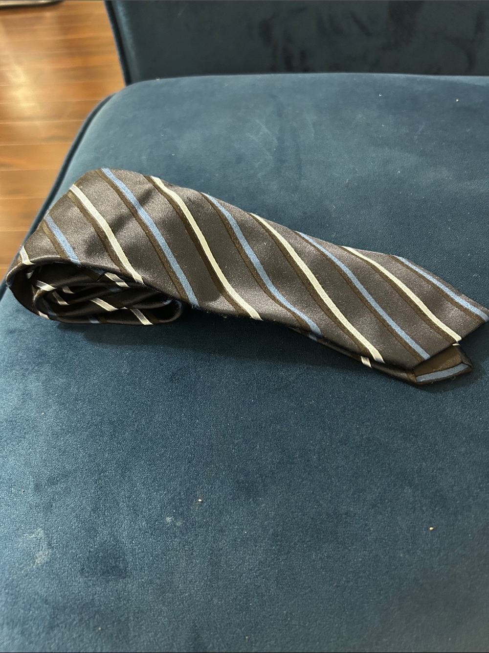Prada Black Silk Tie with Blue and Gray Stripes - Picture 8 of 8